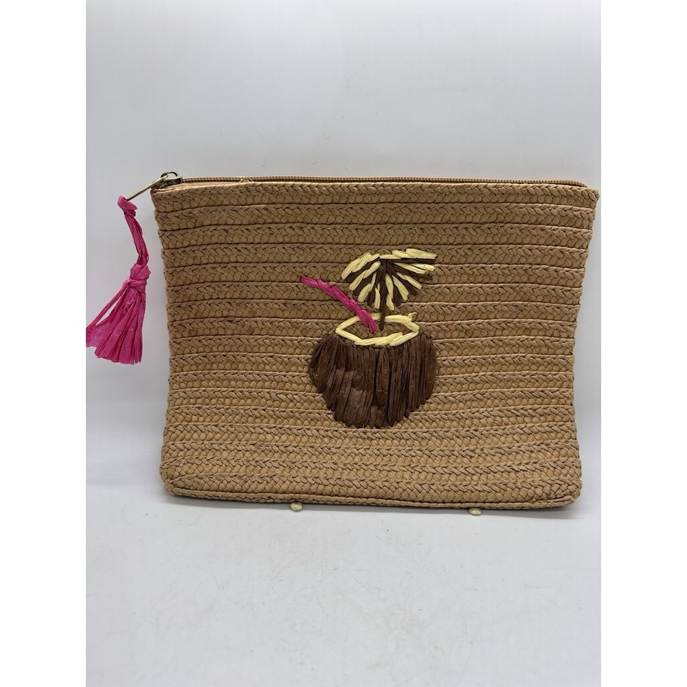 Mud Pie Straw Clutch Bag Coconut Drink Raffia Beach Summer‎ Zip